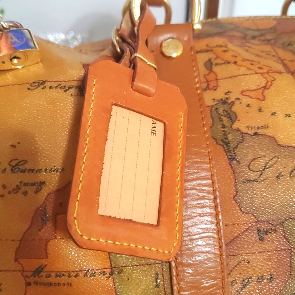 🇮🇹RAREALVIERO Martini Large Boston/speedy World Map Print Leather Duffel Bag🤎 - Picture 7 of 17